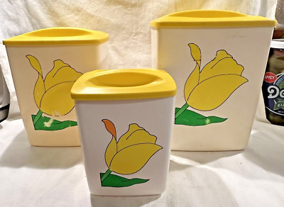 Vtg 3-Pc Yellow/White Flour Sugar Tea Canister Set !950-60's Mid Century Tulips