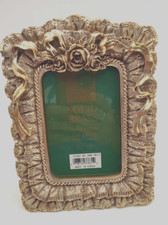 Vtg Photo Picture Frame Brass Lacquer Coated Floral Roses Ornate 3.5 x 5 READ