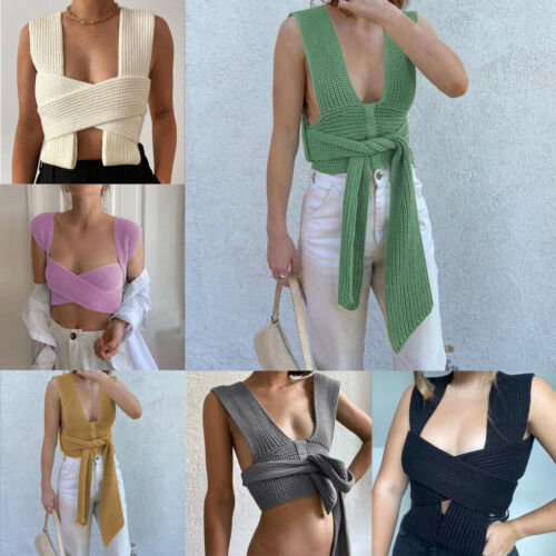 Women Knitted Bandage Cross Strap Tank Top Sexy Solid Vest Cami Cropped Top - Picture 1 of 4