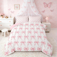 Pink Bow Bedding Set Twin Size Pink Girls Bow Comforter Set for Kids Women Ultra