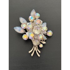 Vintage Flower Brooch Aurora Borealis, Opaline Glass Silvertone