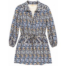 Tory Burch 100% Silk Geometric Floral Print Shirt Dress Pockets Blue Size S