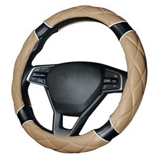Car Steering Wheel Cover with Durable PU Leather, Universal 18 inch Beige-Black