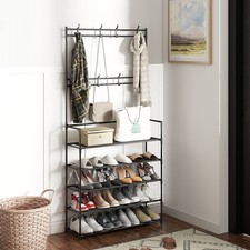 Image of 5Tiers 8 Hooks Shelves Metal Coat Rack Stand with Shoe Storage Hallway Furniture