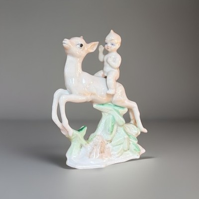 Vintage Japanese Porcelain Kewpie Figurine on Leaping Deer - 1920's