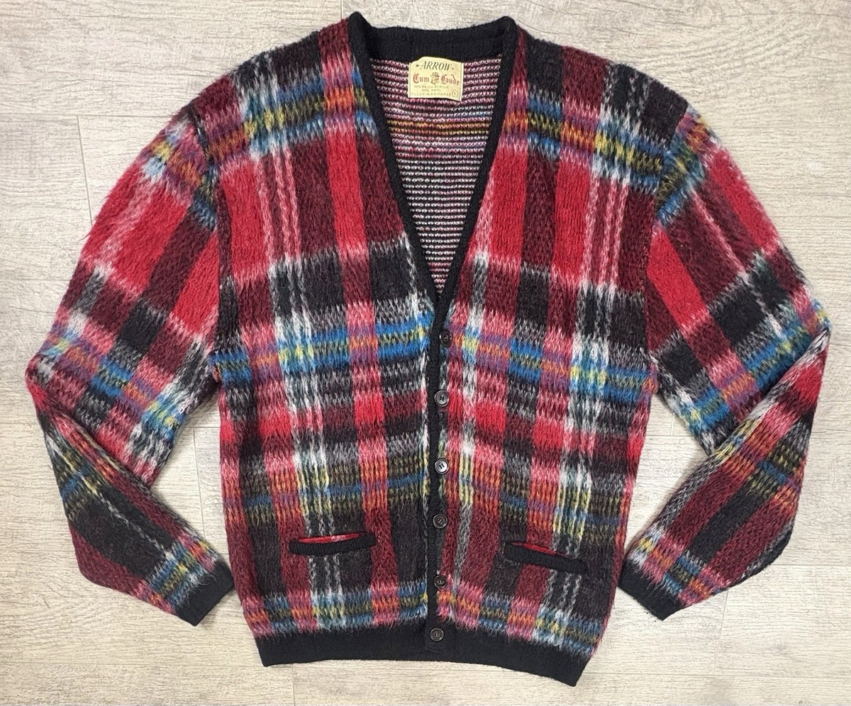 VINTAGE ARROW Cum Laude plaid Wool Cardigan Grunge Fuzzy Shaggy