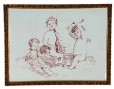 Large Antique French Faience Limoges Painted Cherubs Rococo Porcelain Plaque