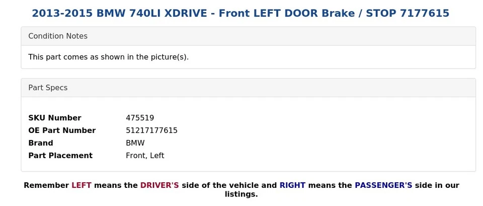 BMW 740LI XDRIVE 2013-2015 - Freno de puerta delantera izquierda / parada 7177615 Foto 4 de 4
