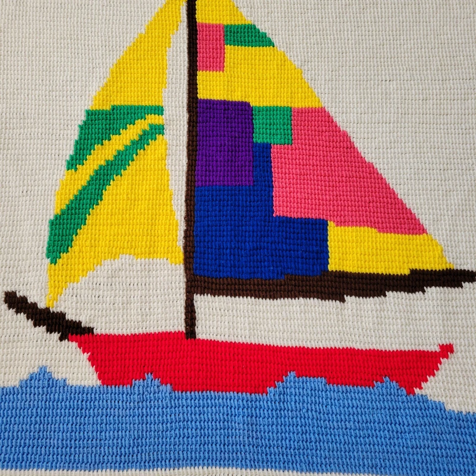 Vintage Hand Knit Sailboat Throw Blanket Wallhanging Nautical Sailing 54" x 39" - Image 2 of 4