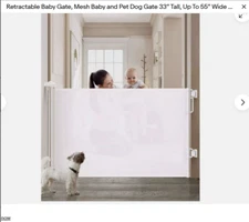 Retractable Baby Gate, Mesh Baby and Pet Dog Gate 33” Tall, Up To 55” Wide White