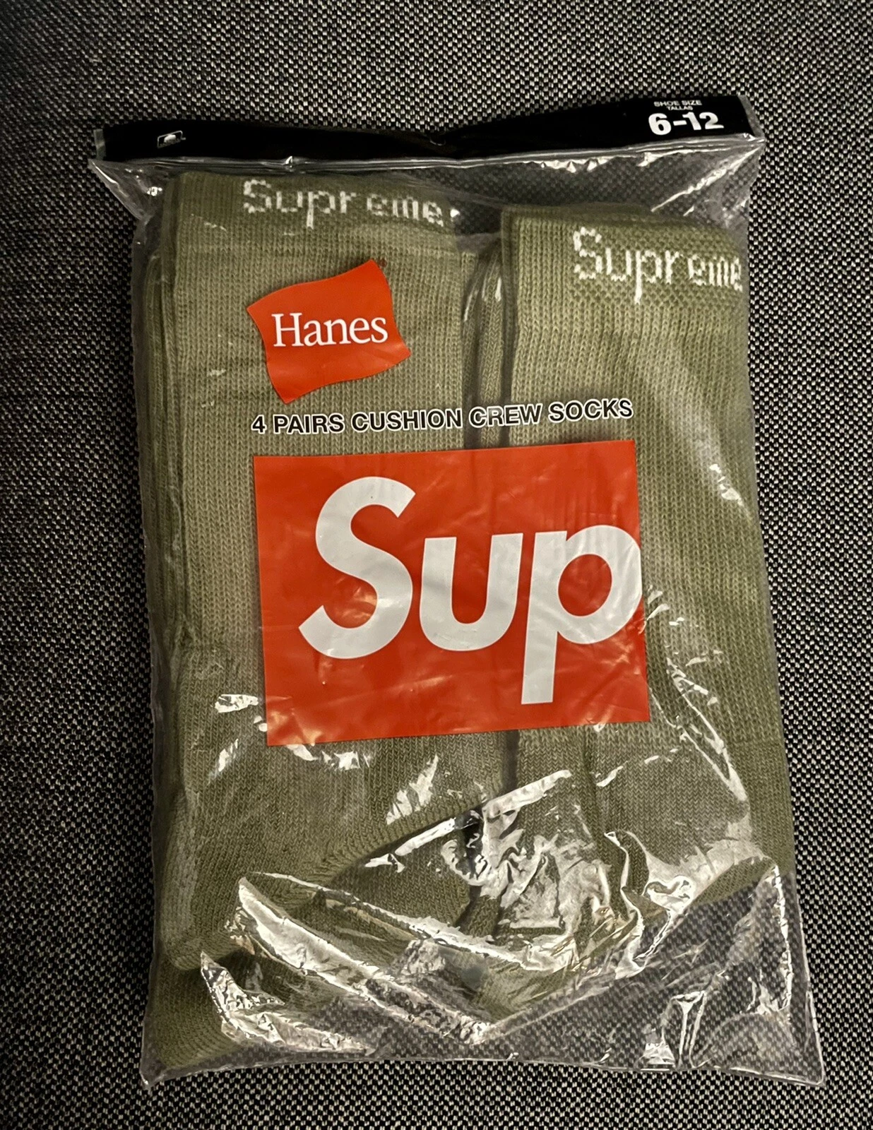 Supreme Hanes Olive Cushion Crew Socks (4 Pack) Size 6 12 New
