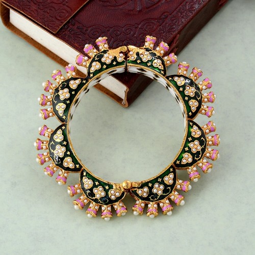 Indian Gold Plated Bridal Kundan Bangle Bracelet Kada Enameled Jewelry Bollywood - Picture 9 of 13