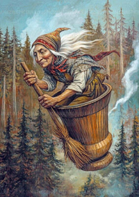 Baba Yaga Kunstdruck Slawische Hexe im Mörser fliegt über Wald Folklore AG24