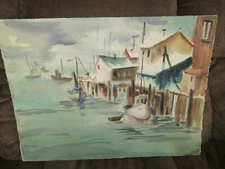 Signed Original Watercolor By Peg Humphreys, Fishing Pier 22"x 30"