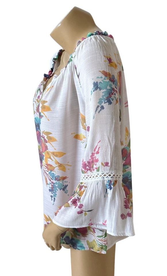 Camisa túnica campesina boho con cuello dividido floral manga campana talla pequeña SPENSE para mujer Foto 2 de 4