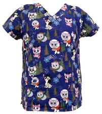 Women's Halloween Christmas Medical Scrub Navy Base Snow Adorable Cat M