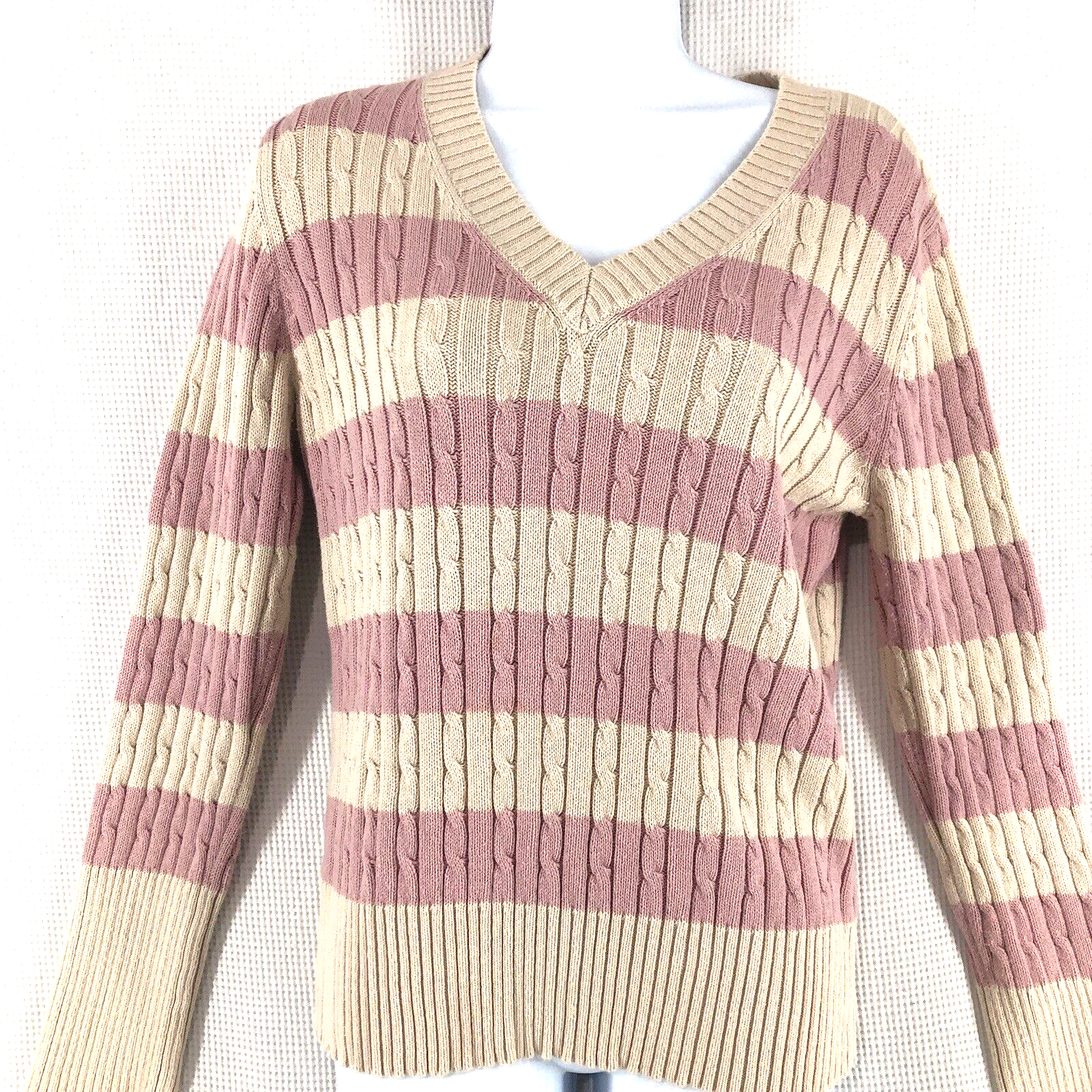 Liz and Co argyle sweater women’s XL pink striped V-neck Vtg Y2K