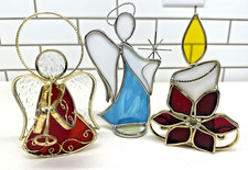 Lot of 3 Stained Glass Candle Holder Tea Light Christmas Angels and Candle