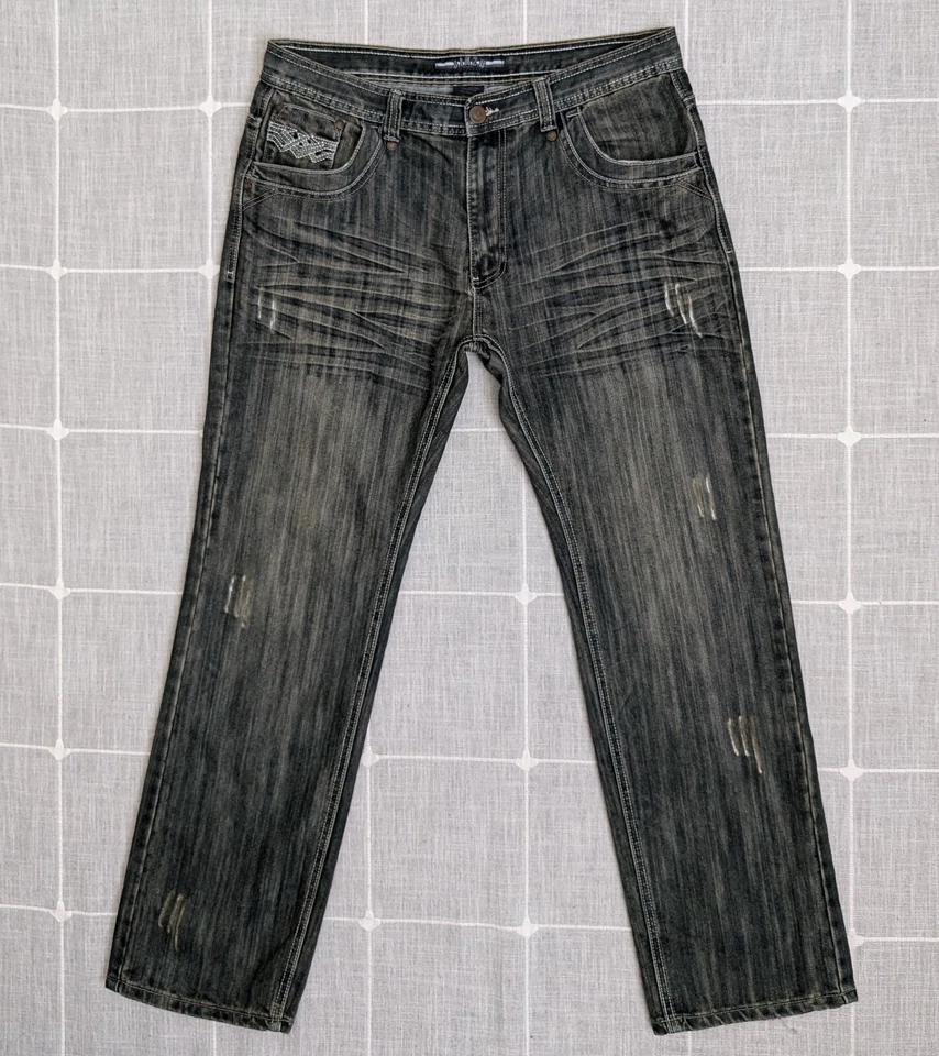 Pantalones de mezclilla Jinzu para hombre 36x32 azules holgados Y2K ropa de calle desgastados solapa de bolsillo recto Foto 3 de 4