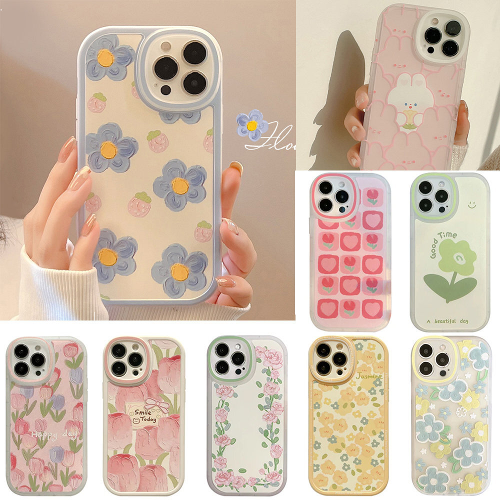 Cute Oil Painting Flowers Phone Case for iPhone 12 13 14 15 16 ProMax  Shockproof