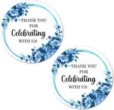 40 Light Blue Flowers Thank You for Celebrating with Us Stickers, 2 Inch Big rou
