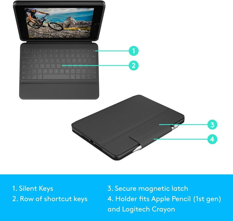 Logitech Rugged Folio Keyboard Case for iPad 7th/8th Gen – Shockproof, Graphite - Image 2 of 4