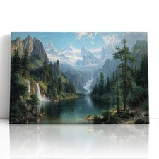 Snowy Mountain Lake Canvas Print Wall Art Print – Peaceful Waterfall Landscape
