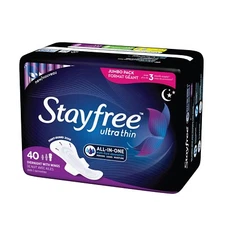 Stayfree Ultra Thin Overnight Pads With Wings 40 Ct Multi-Fluid Absorption #N74