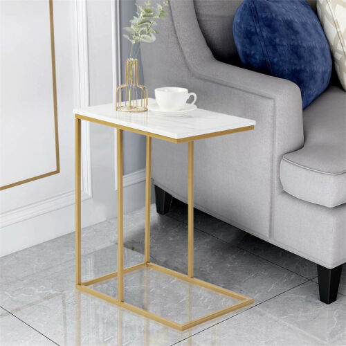 Solid Real Marble End Table Gold Metal C Shaped Frame Coffee Sofa Bedside Table  - Picture 1 of 12
