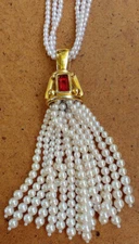 Gorgeous Vintage Givenchy Ruby Rhinestone Faux Pearl Gold Tone Tassel Necklace