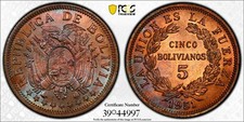 1951-H Bolivia 5 Bolivianos KM 185 PCGS MS65 RB  Great Toning               1066