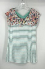 12PM by Mon Ami Floral Stripe Shift Dress S White Aqua Blue Criss Cross Back EUC