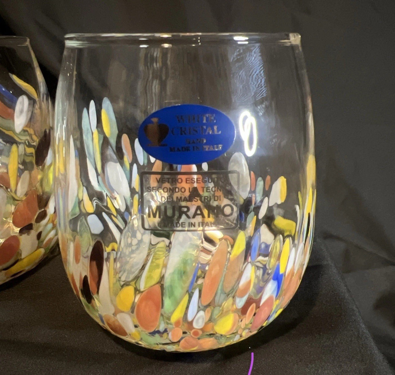 Murano White Crystal Confetti Stemless Wine Glasses Hand Blown Italy New Set/2