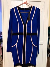 NWT ENTRY Blue Bodycon Mini Dress Long Sleeve Black White Trim Size L