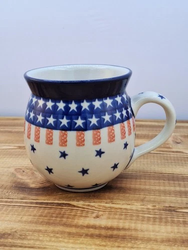 Polish Pottery Bubble Mug Extra Large  Boleslawiec Hand Painted Red White Blue
