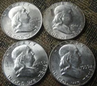 4 Silver Franklin Half Dollars, 1950, 1959, 1961, 1963-D BU