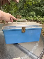 Vintage Wilson Wil Hold Sewing Box BLUE with Tray Clear Top Vintage Brass Clasp