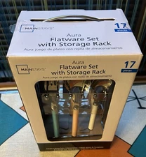 Mainstays 17 Piece Aura Flatware Set/ Storage Rack Multicolor, Service for 4 New