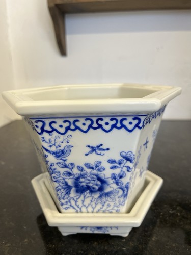Antique Blue & White Hexagonal Planter with Tray – Floral & Bird Design – c.1900