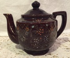    Vintage Tea pot Japan high glaze brown Dainty Floral Hand painted 6X6.5  tall