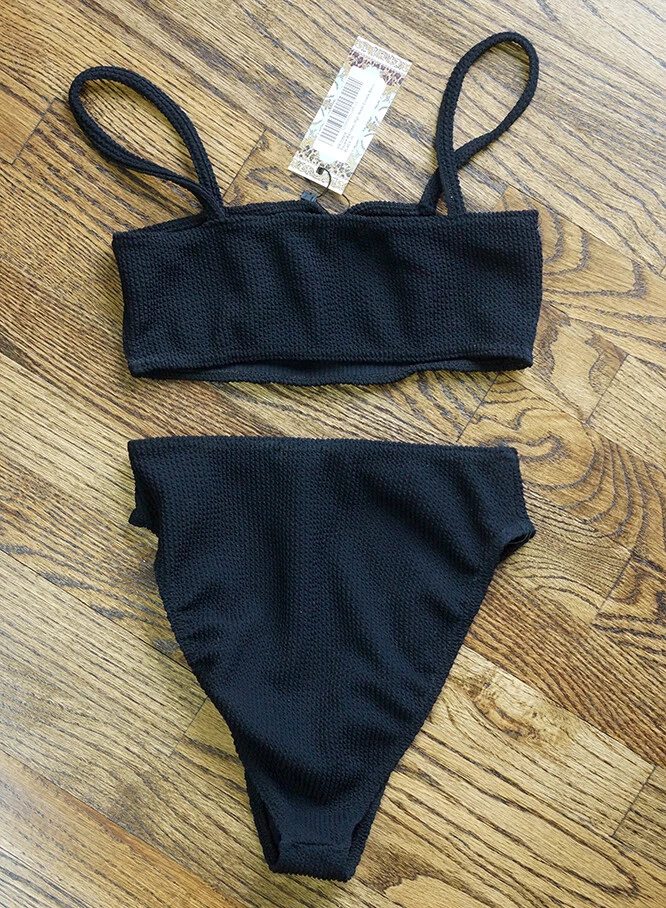 Boohoo Beach Mujer 2 Piezas Arrugado Bandeau Top/Cintura Alta Parte Inferior Negro EE. UU.:10 NUEVO CON ETIQUETAS Foto 3 de 4