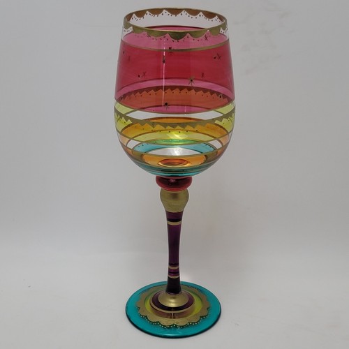 Pier 1 Festive Stripe Red Gold Purple Green Bands Stem Wine Glass Gold Accent - Picture 11 of 11