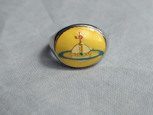 Vivienne Westwood Silver with Yellow Enamel Plaque Orb Ring UK Size N - Picture 2 of 5