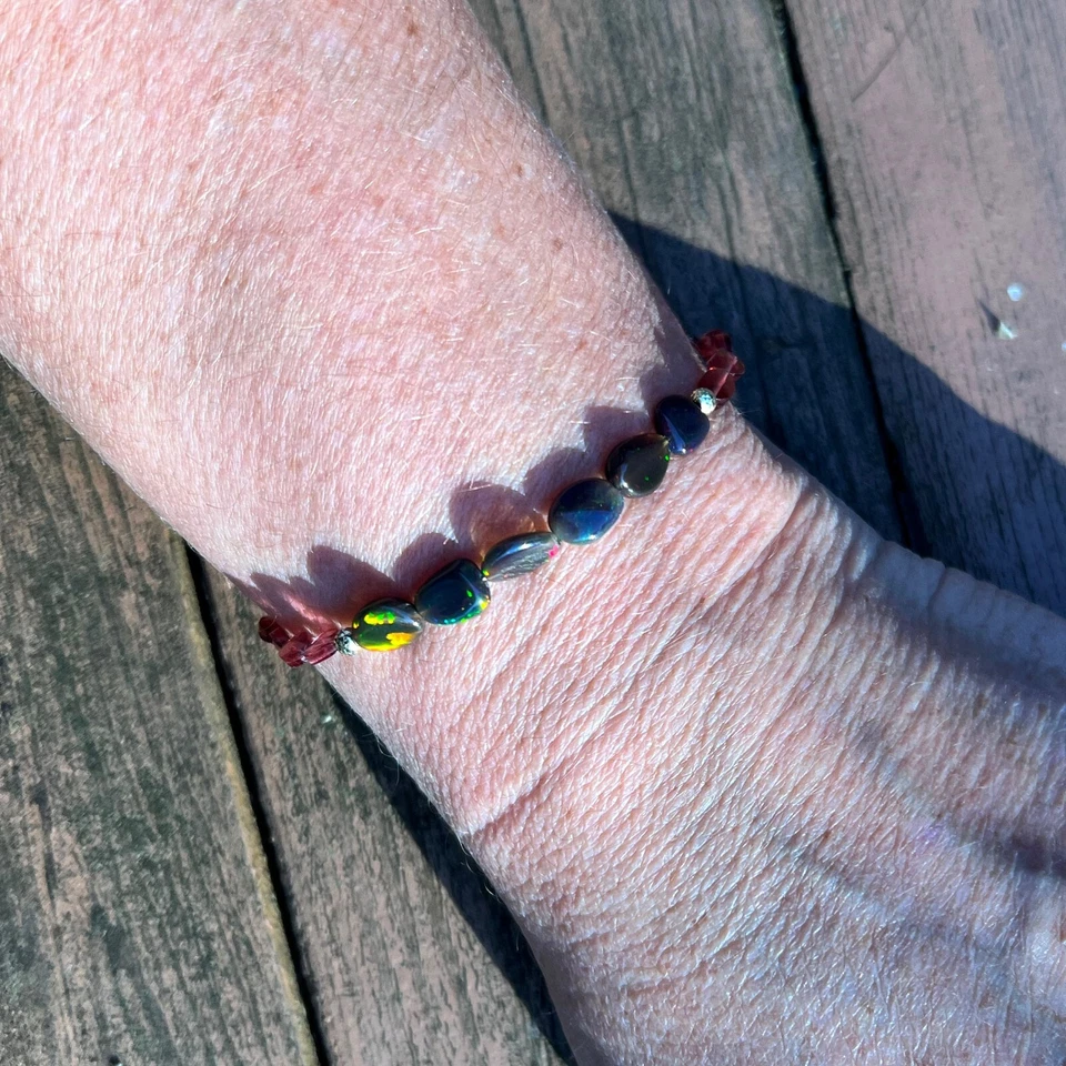 Pulsera de ópalo negro granate natural oro macizo de 18k, 2º 14º 34º aniversario Foto 4 de 4