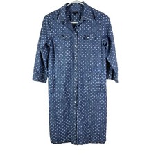 Talbots Shirt Dress Womens 4 Denim Chambray White Polka Dot Button Up Pocket