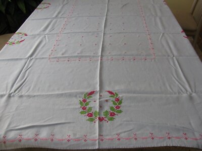 Gray Linen Hand Done Cross Stitch Tablecloth 60 x 82