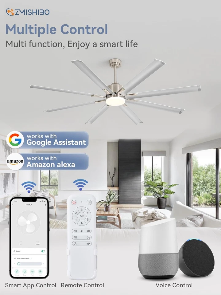 Ventiladores de techo inteligentes de hoja de aluminio de 72 pulgadas con luces y control remoto, grandes para exteriores Foto 3 de 4