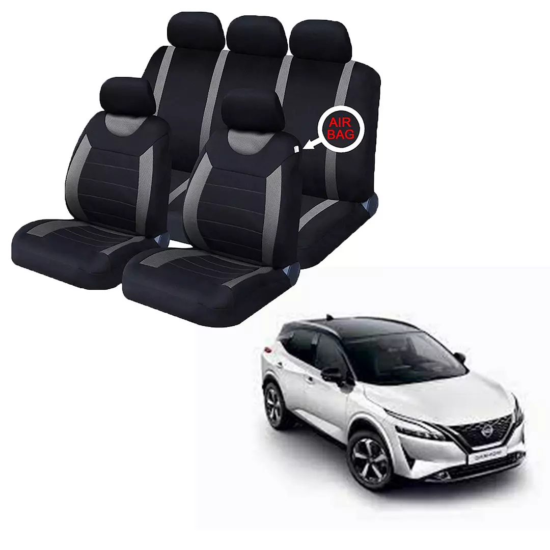 FOR Nissan Qashqai Black & Grey Car Seat Covers Protectors Full Set Washable