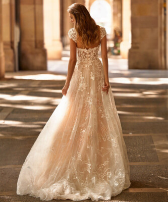 lace wedding dress with open back and cap sleeves Cap sleeves Modern Backless Lace Ivory Court Train Beach Wedding Dress