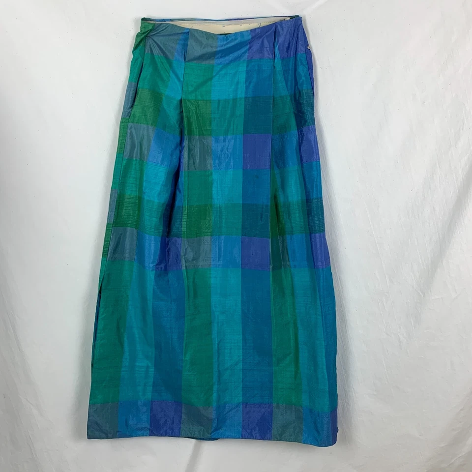 Maxi Falda Vintage Años 60 Seda Cruda M/L Azul Verde Cuadros Preppy Aline Excelente Foto 2 de 4